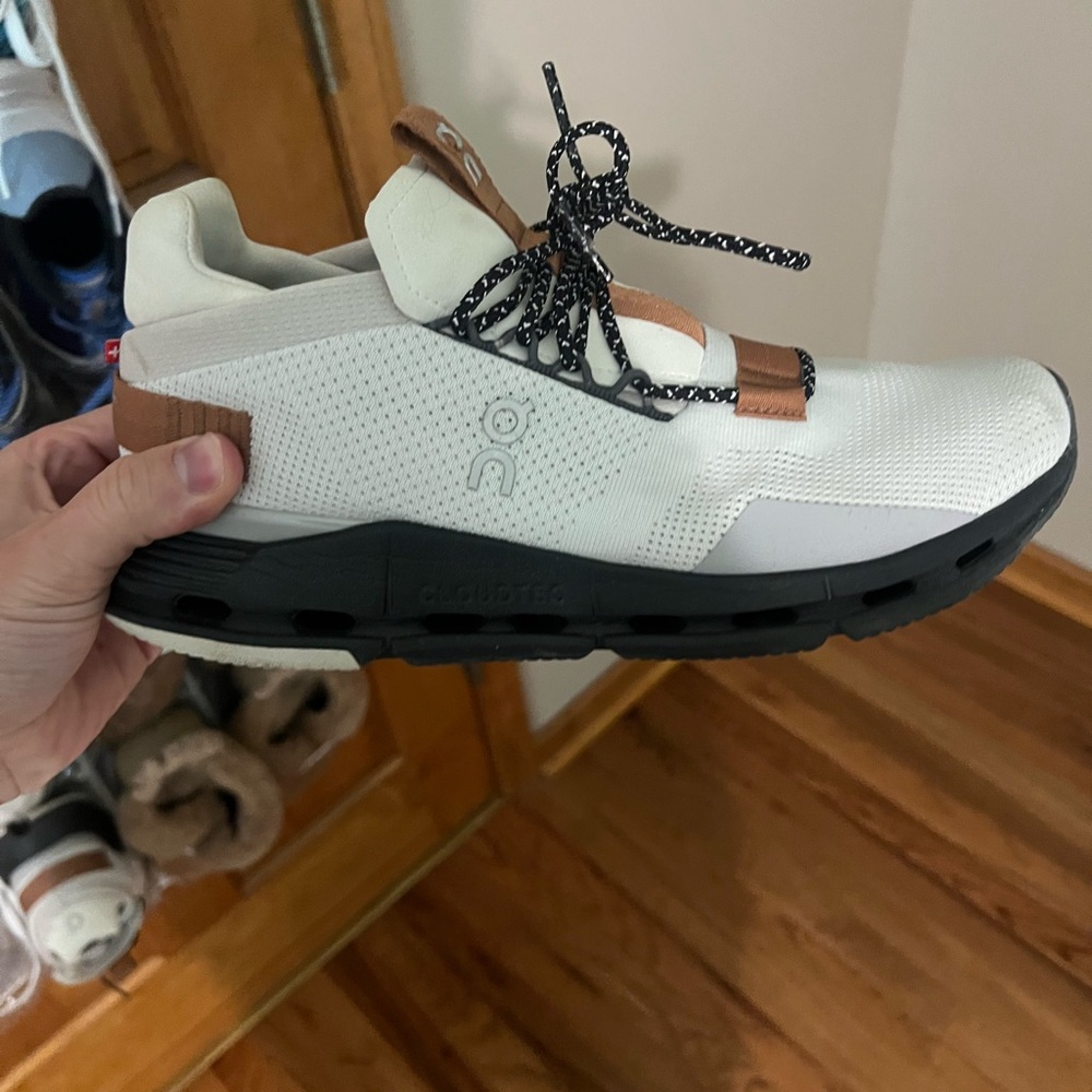 On Running womens White and Black Sneakers with Brown Accents